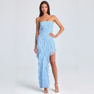 Oh Polly Nevali Bandeau Ruffle Trim Maxi dress powder blue